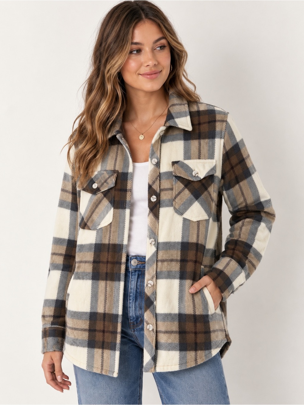 Thread & Supply Women’s Brown Black Plaid Utility Fleece Shacket Size L